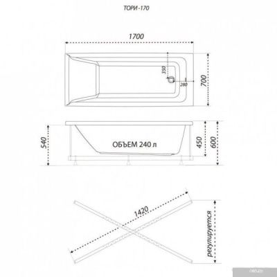 Ванна 1AcReal Тори 170х70 (с ножками и экраном)