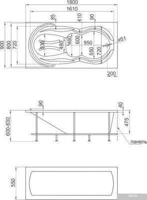 Ванна 1Марка Taormina 180x90 (с каркасом и экраном)