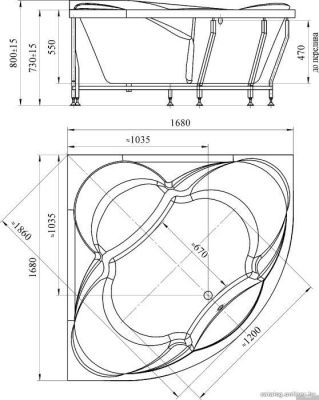 Ванна Radomir Филадельфия 168x168 1-01-3-0-1-042К (сифон золото)