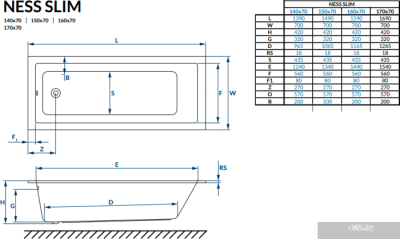 Ванна Excellent Ness Mono Slim 170х70 (с ножками)