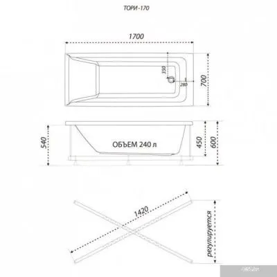 Ванна 1AcReal Тори 170х70 (с каркасом и экраном)