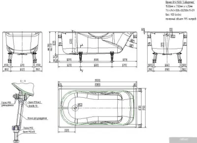 Ванна Универсал Сибирячка 150x75 (с отверстиями для ручек, хром. ручки, ножки)