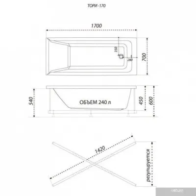 Ванна 1AcReal Тори 170х70 (с ножками и экраном)