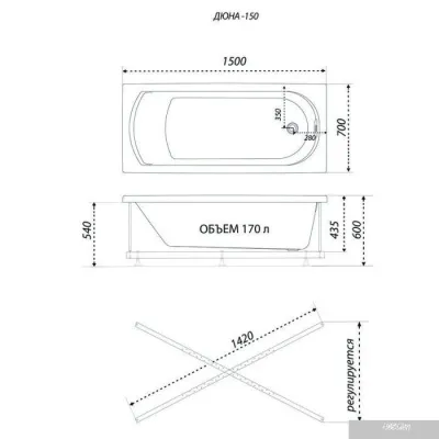 Ванна 1AcReal Дюна 150х70 (с ножками и экраном)