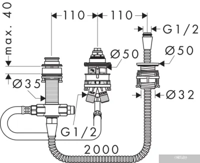 Скрытый механизм Hansgrohe для смесителя на 3 отверстия на край ванны