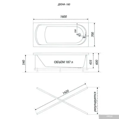 Ванна 1AcReal Дюна 160х70 (с каркасом и экраном)