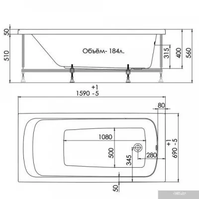 Ванна 1AcReal Gamma 160x70 (с ножками и экраном)