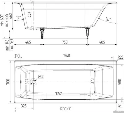 Ванна Универсал Эталон 170x70 (1 сорт, без ножек)