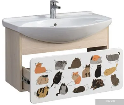 Belux Тумба под умывальник Чезаро НП 80-01 (182 белый матовый/акация лэйкленд светлая, принт котики)