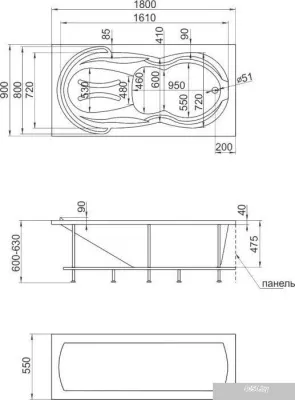 Ванна 1Марка Taormina 180x90 (с каркасом и экраном)