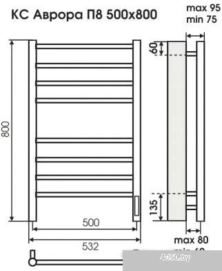 Полотенцесушитель TERMINUS Аврора электро КС П8 с диммером (500x800, черный)