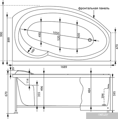 Ванна Aquanet Jersey 170x90 R (с каркасом и экраном)