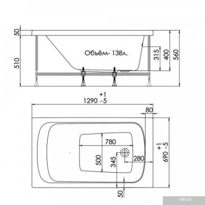 Ванна 1AcReal Gamma 130x70 (с ножками и экраном)