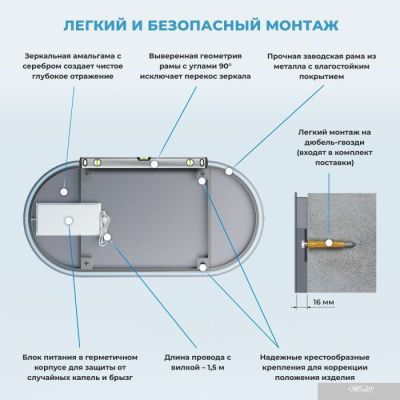Wellsee Зеркало с фронтальной LED-подсветкой 7 Rays' Spectrum 172202020, 100 x 55 см (с сенсором и р