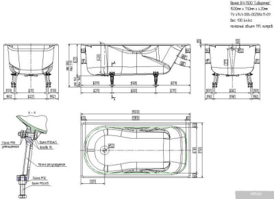 Ванна Универсал Сибирячка 150x75 (с отверстиями для ручек, хром. ручки, ножки)