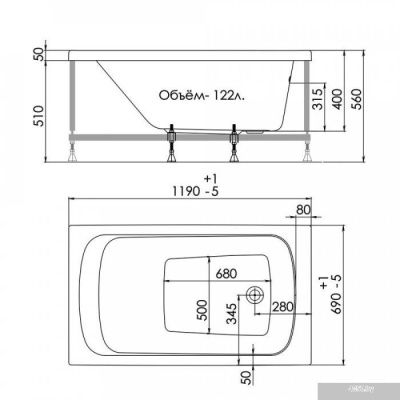 Ванна 1AcReal Gamma 120x70 (с ножками и экраном)