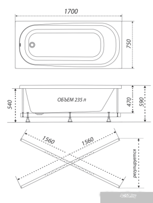 Triton Дина 170x75 (с каркасом, сифоном, экраном и торцевым экраном)