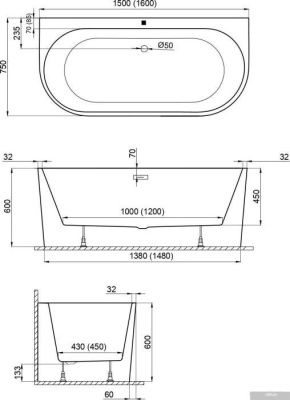 Polimat Sola 160x75 (пристенная, белый)
