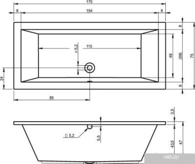 Ванна Riho Lusso 170x75 BA18005 (с ножками и экраном)